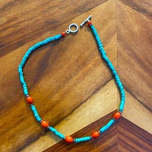 Turquoise, coral and silver beaded choker necklace